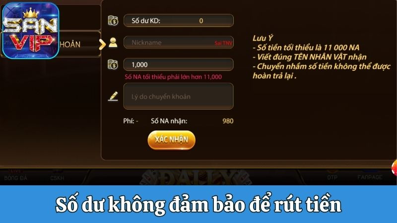 Số dư không đảm bảo để rút tiền